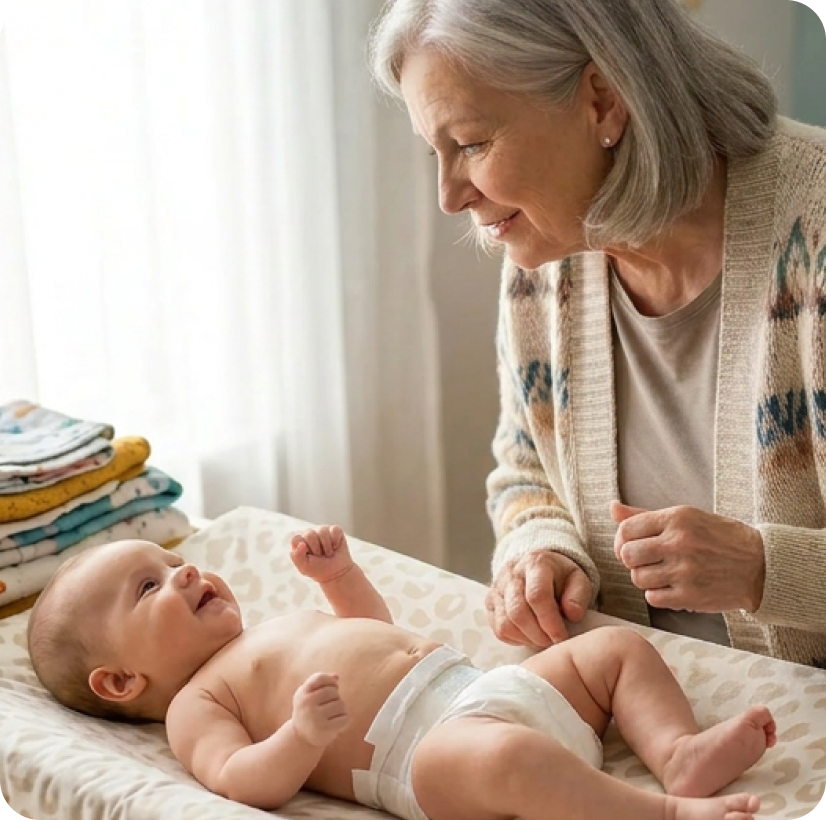 Elderly hands gently holding a baby's feet